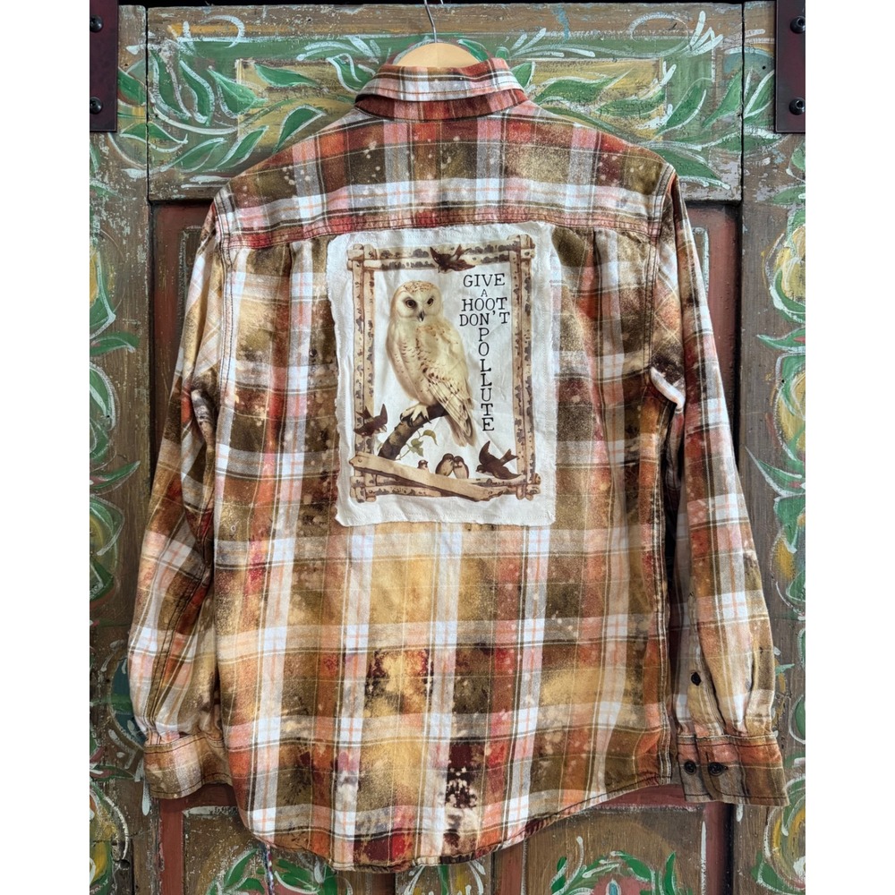Upcycled‎ Distressed Flannel| Owl Vintage Patchwork| Cottage core| Men's Medium